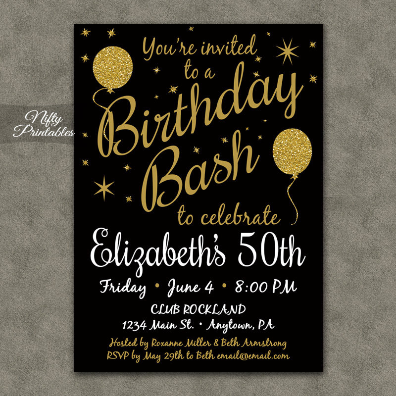 50th Birthday Party Invitation
 50th Birthday Invitation Printable 50 Black Gold Glitter