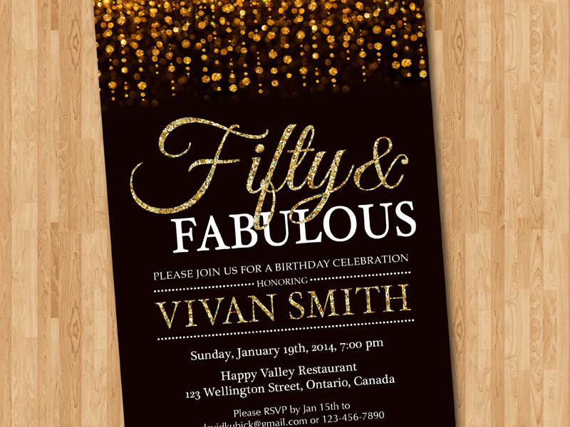 50th Birthday Party Invitation
 50th birthday invitation for women Fifty and fabulous Golden
