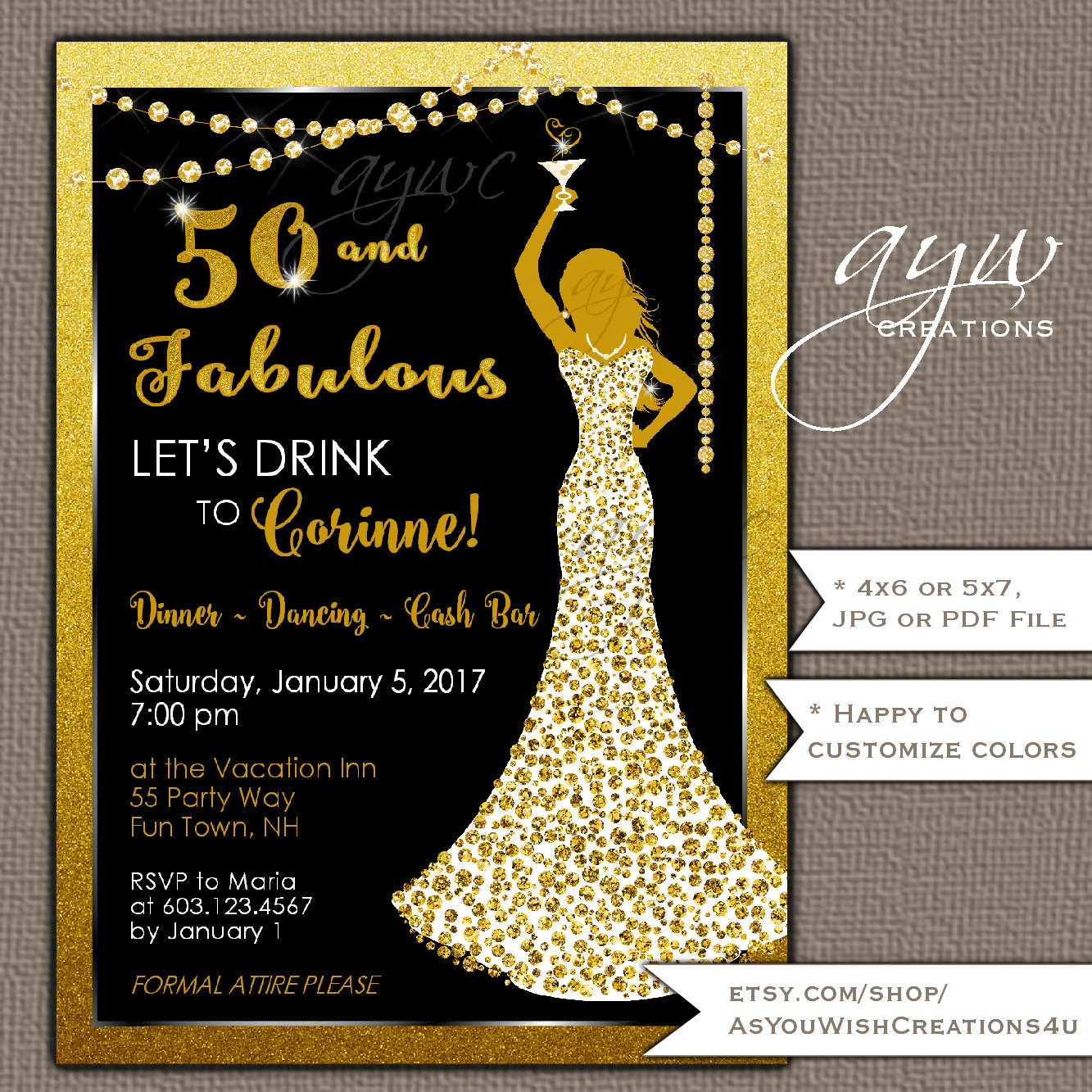 50th Birthday Party Invitation
 50th Birthday Party Invitations Woman Bling Dress 40th Womans