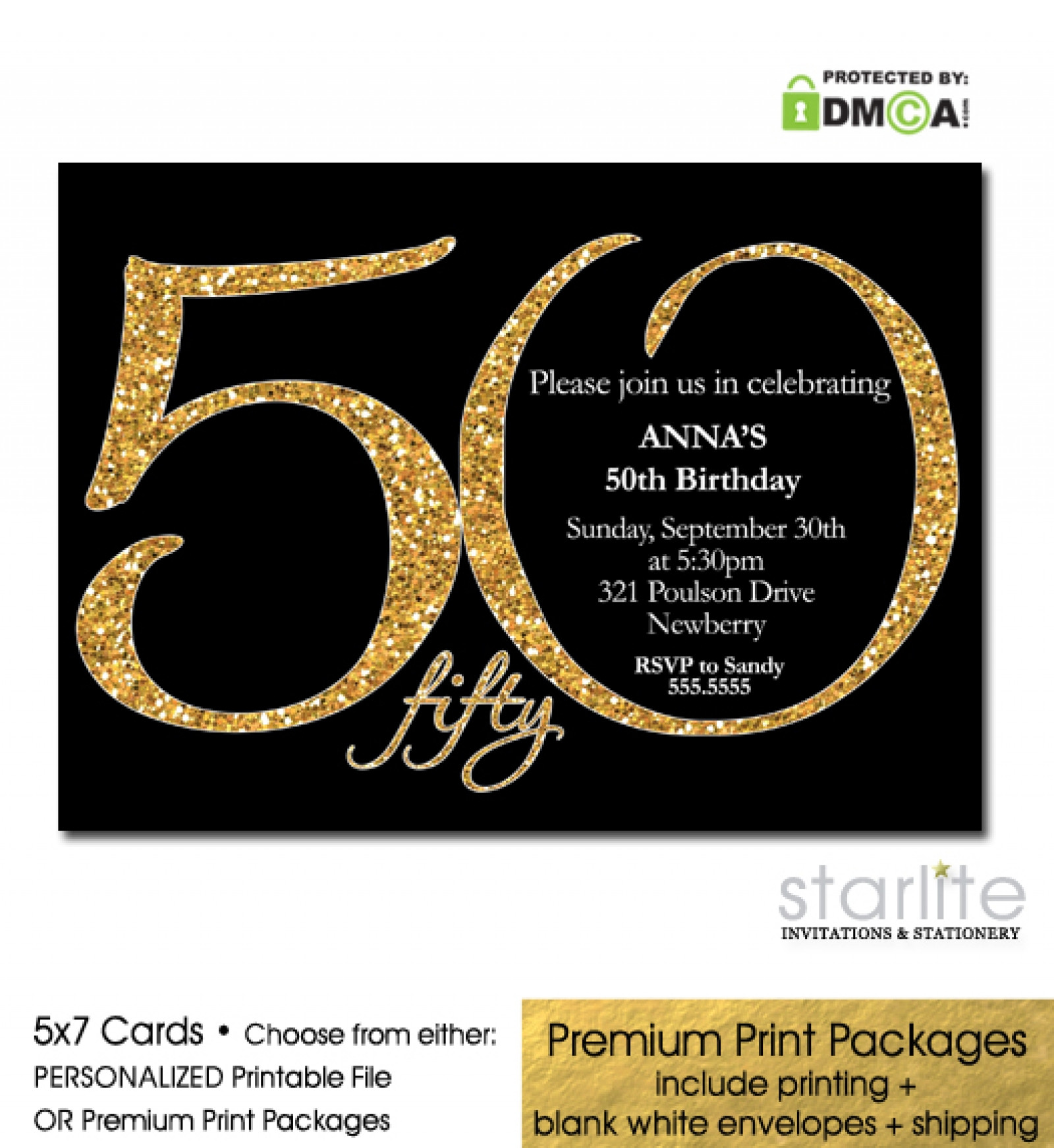 50th Birthday Party Invitation
 Black Gold Glitter 50th Birthday Invitation Modern