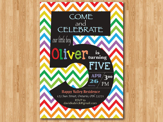 5th Birthday Invitation Wording
 Rainbow 5th Birthday Invitation Colorful Chevron Birthday