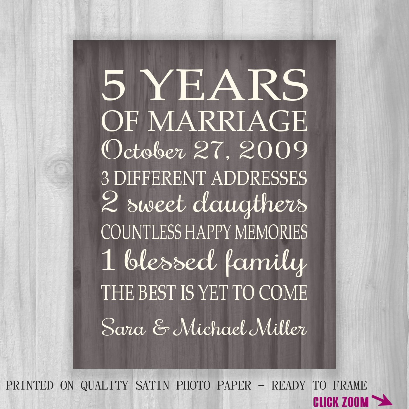 5Th Year Wedding Anniversary Gift Ideas
 5th Anniversary Gift Print FAUX Wood 5 Years 10 15 20 25