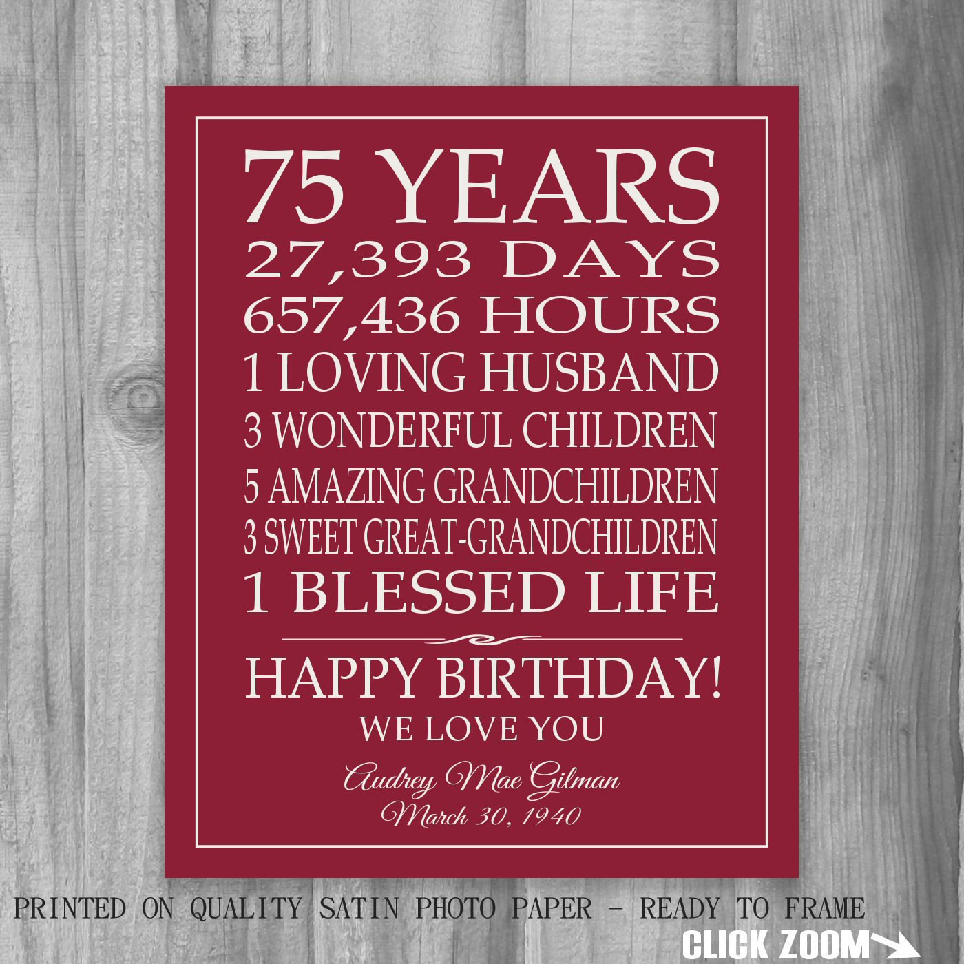 75Th Birthday Gift Ideas
 75th BIRTHDAY GIFT Sign Print Personalized Art Mom Dad Grandma