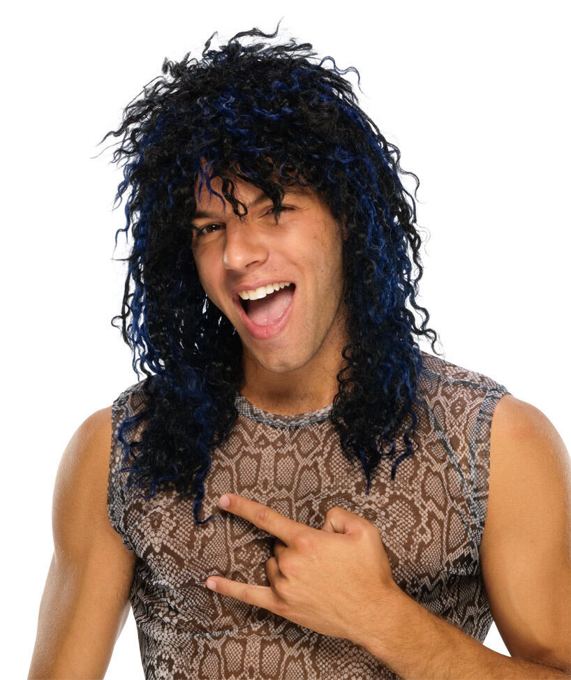 80S Black Hairstyles
 Mens Rocker Wig 80s Black Blue Long Hair Streaks Punk