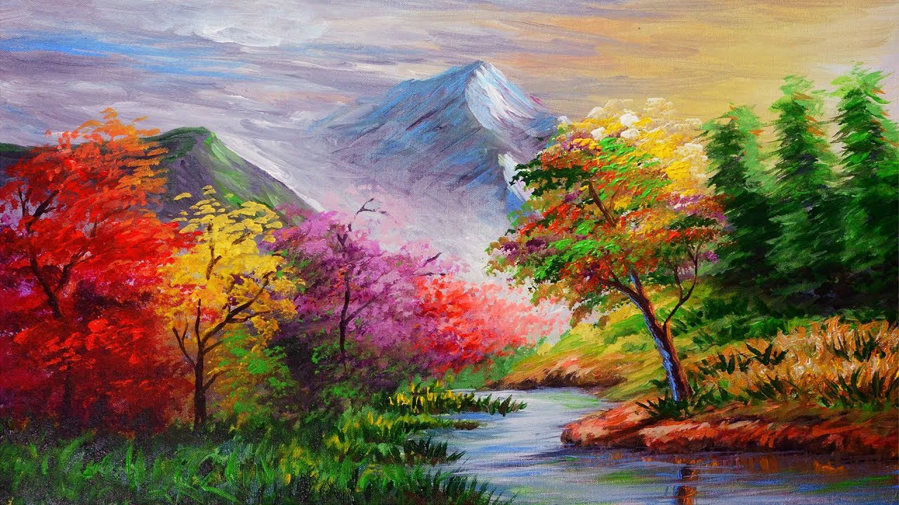 Acrylic Paint Landscape
 How to paint step by step basic Landscape with Autumn