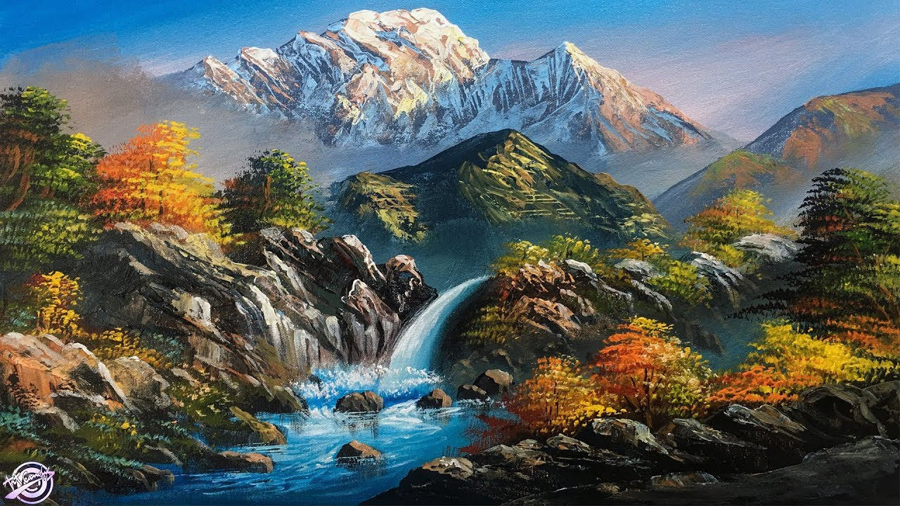 Acrylic Paint Landscape
 Waterfall Painting