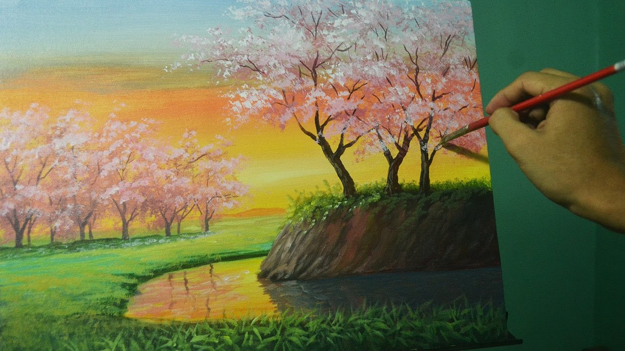 Acrylic Paint Landscape
 Acrylic Landscape Painting Lesson Cherry Blossoms on
