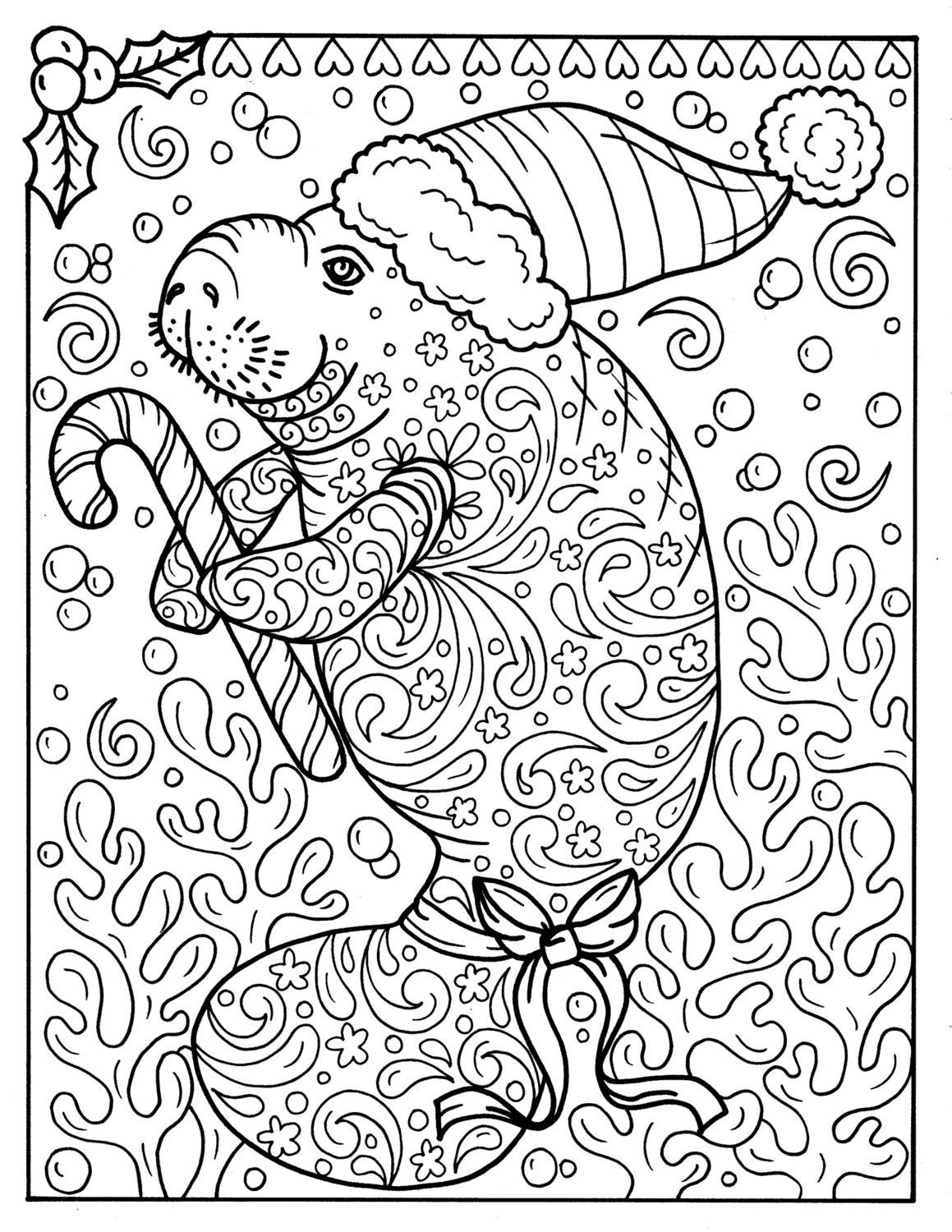 Adult Holiday Coloring Pages
 Manatee Christmas Coloring page Instant Download Adult