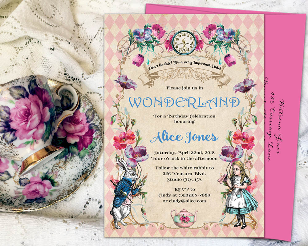 Alice In Wonderland Birthday Invitations
 Elegant Alice in Wonderland invitations 5x7