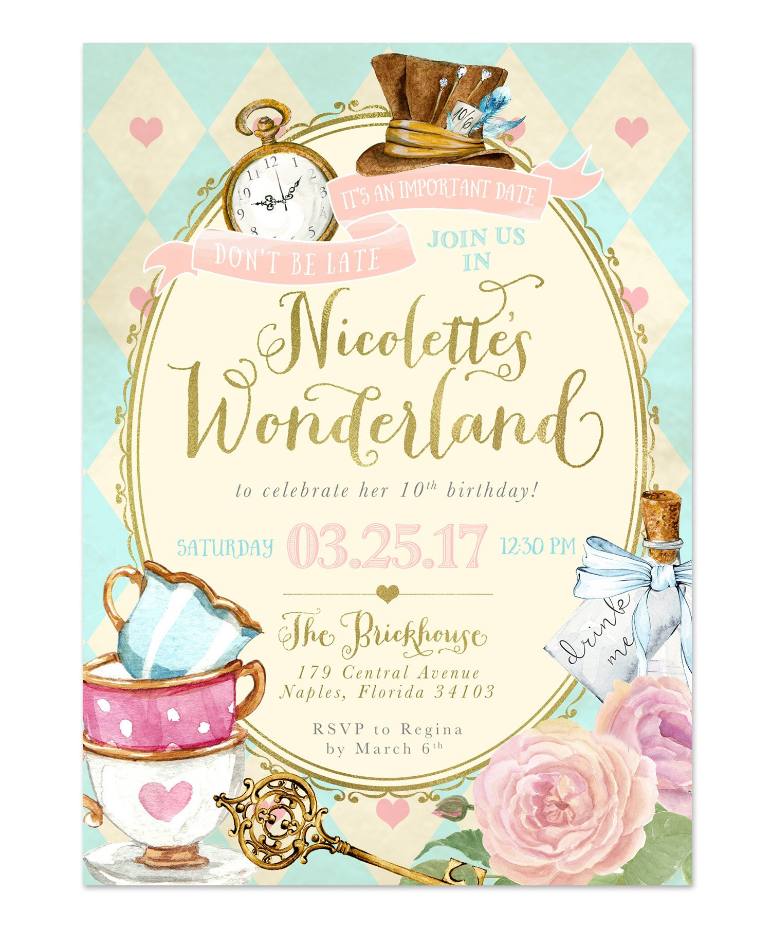 Alice In Wonderland Birthday Invitations
 Alice in Wonderland Birthday Party Invitation Girls