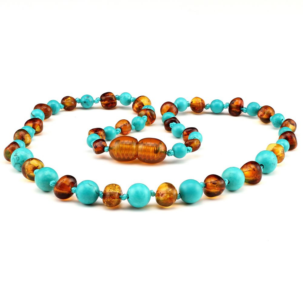 Amber Necklaces For Babies
 Amber NECKLACE Baby Cognac & Turquoise 32cm