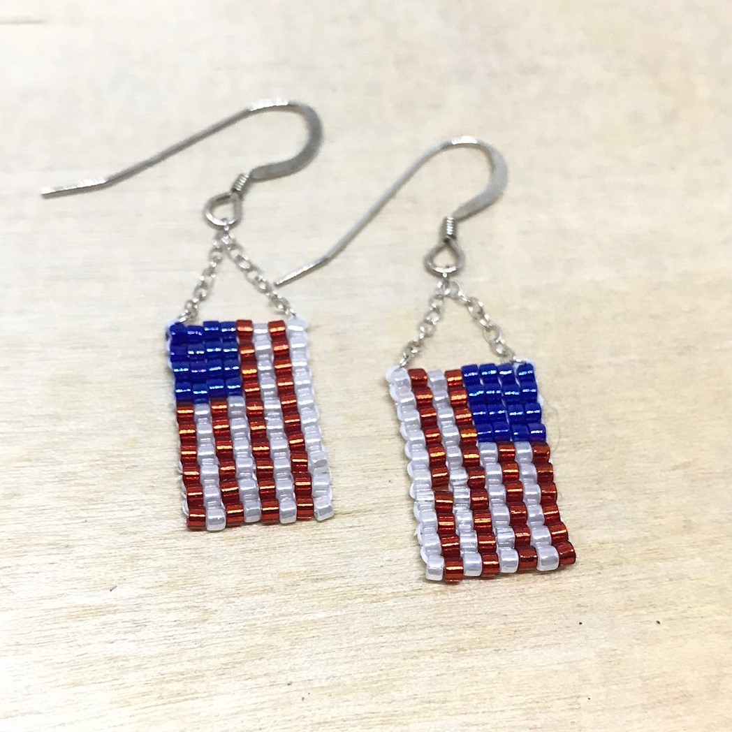 American Flag Earrings
 American Flag Earrings Hand Beaded Sterling Silver