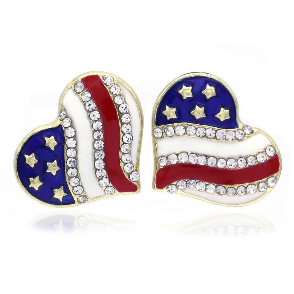 American Flag Earrings
 Independence Day 4th of July USA American Flag Heart Stud