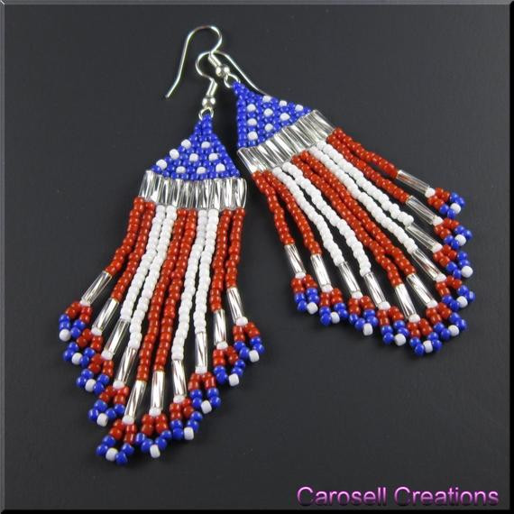 American Flag Earrings
 US American Flag Beadwork Dangle Fringe Seed Bead Earrings