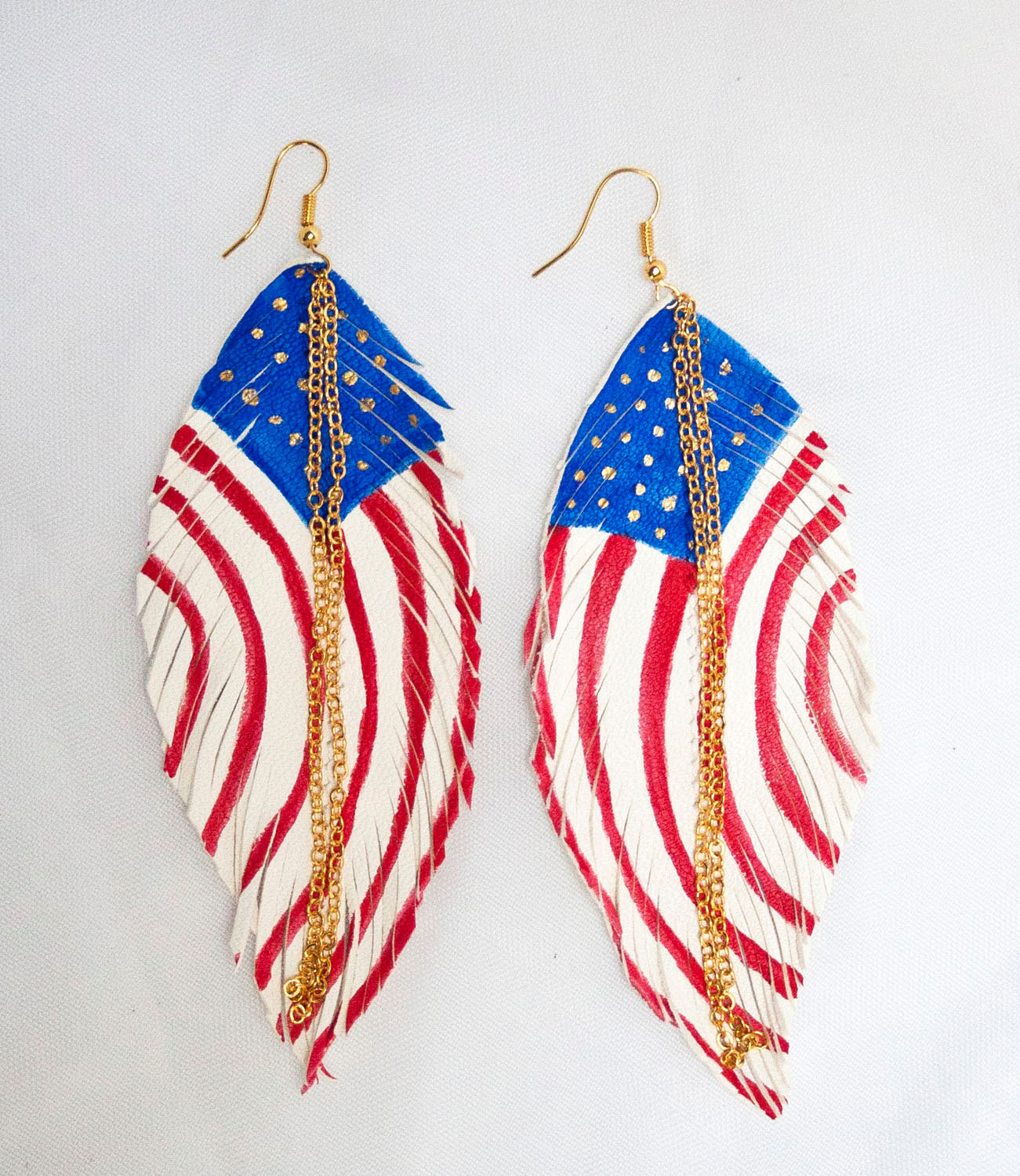 American Flag Earrings
 US FLAG American Flag Leather Feather Earrings White
