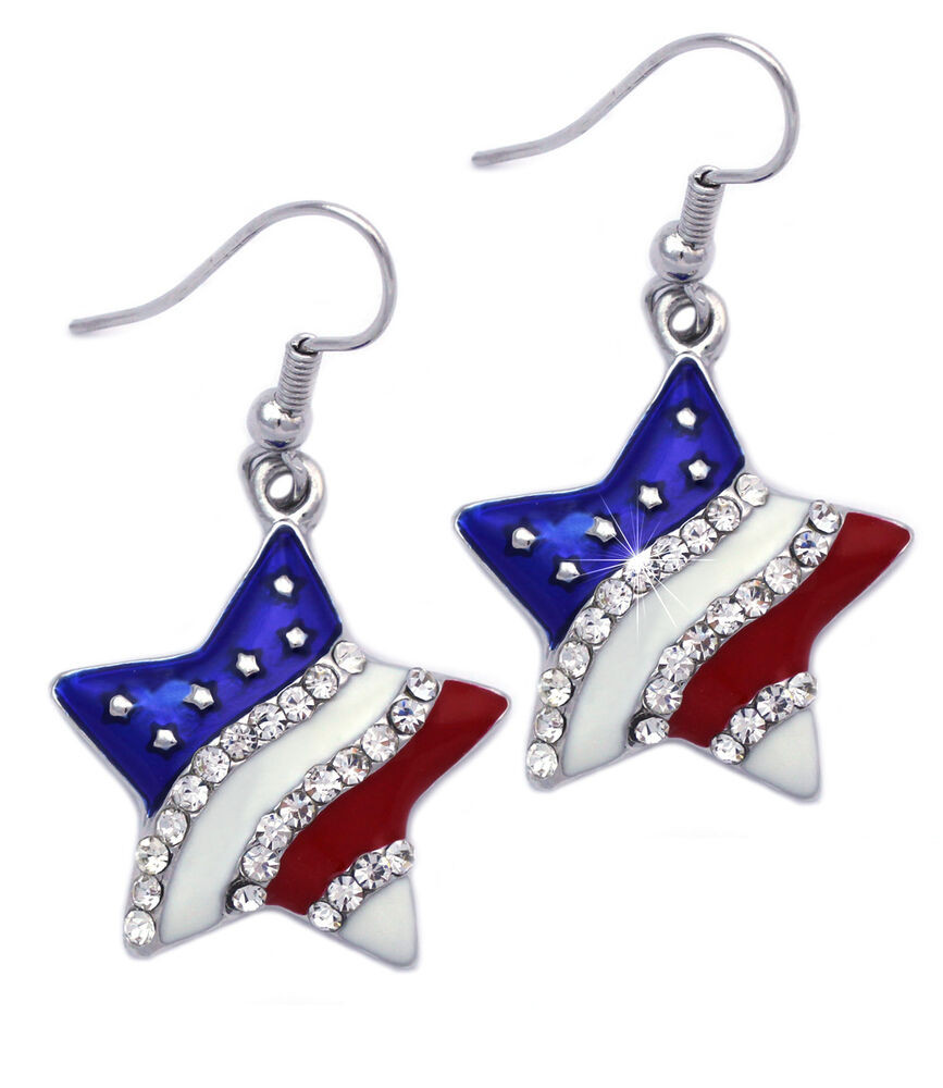 American Flag Earrings
 USA American Flag Patriotic Red Blue Star Dangle Hook