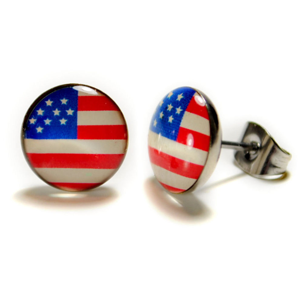 American Flag Earrings
 STAINLESS STEEL POST EARRINGS 10mm American Flag USA
