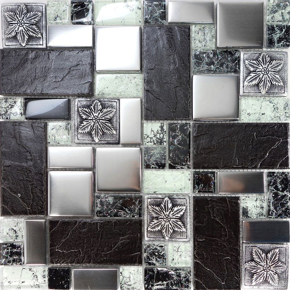 Art Deco Kitchen Tile
 10SF Black Metallic Art Deco Insert Crackle Glass Mosaic