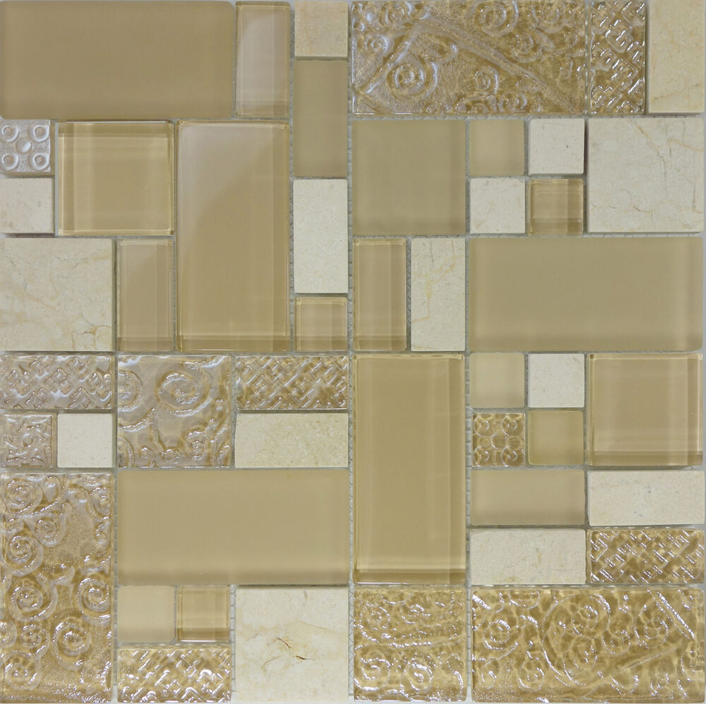Art Deco Kitchen Tile
 SAMPLE Beige Art Deco Pattern Glass Marble Mosaic Tile