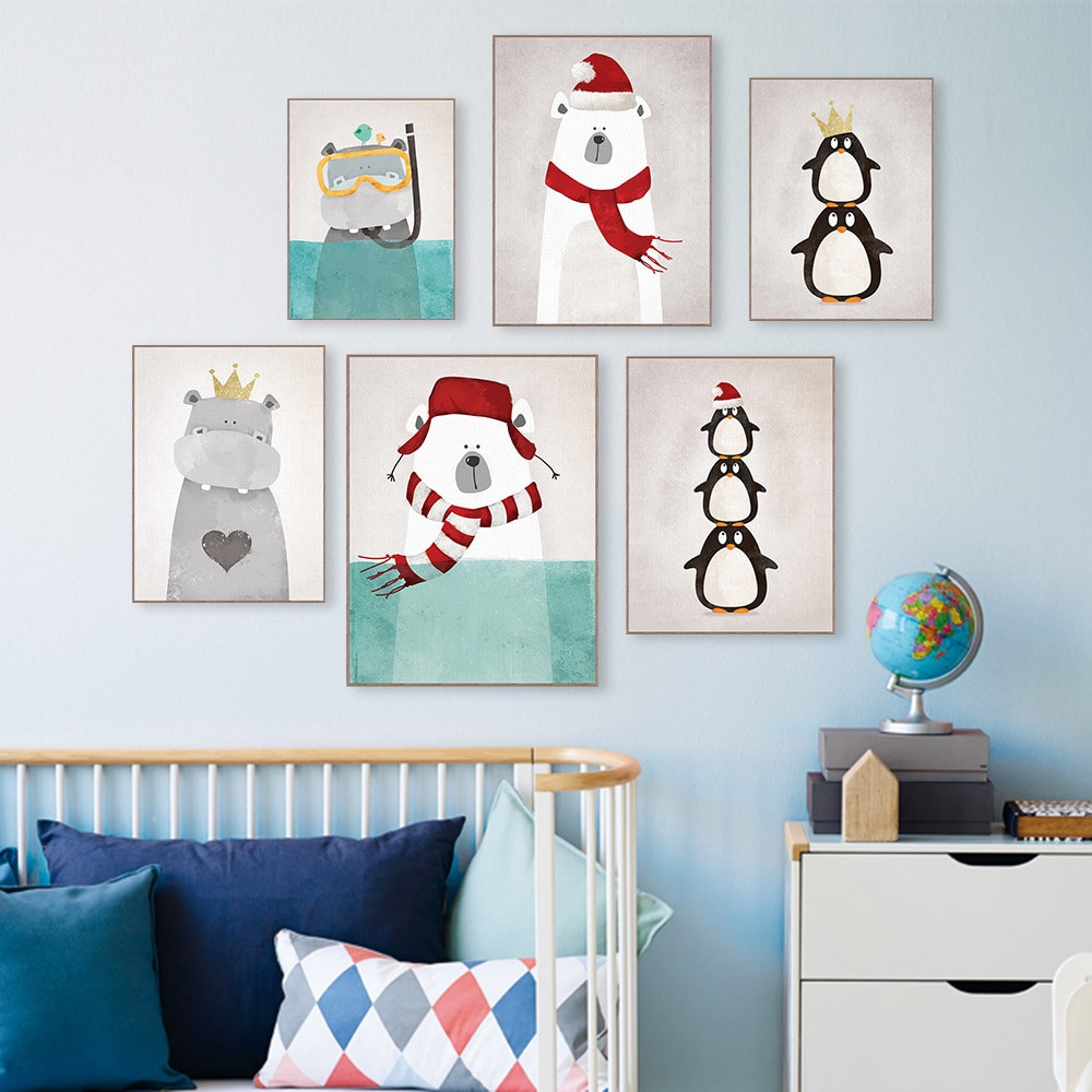 Art For Kids Room
 Modern Nordic Kawaii Bear Hippo Bird Animal A4 Art Prints