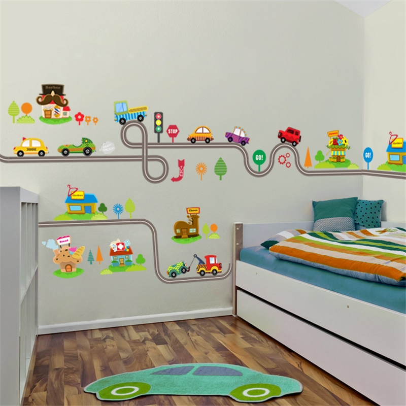 Art For Kids Room
 Cartoon Cars Highway Track Wall Stickers For Kids Rooms