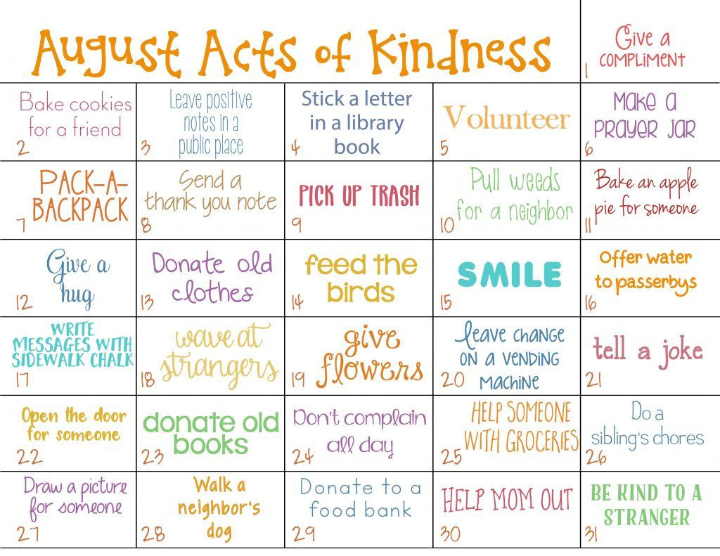 August Themes For Adults
 Kindness Calendar for August Acts of Kindness for Kids