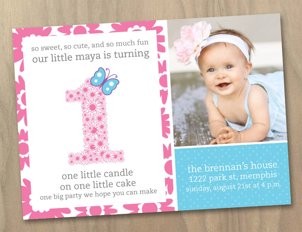 Baby Birthday Invitations
 Baby Girl First 1st Birthday Invitation Flowers and