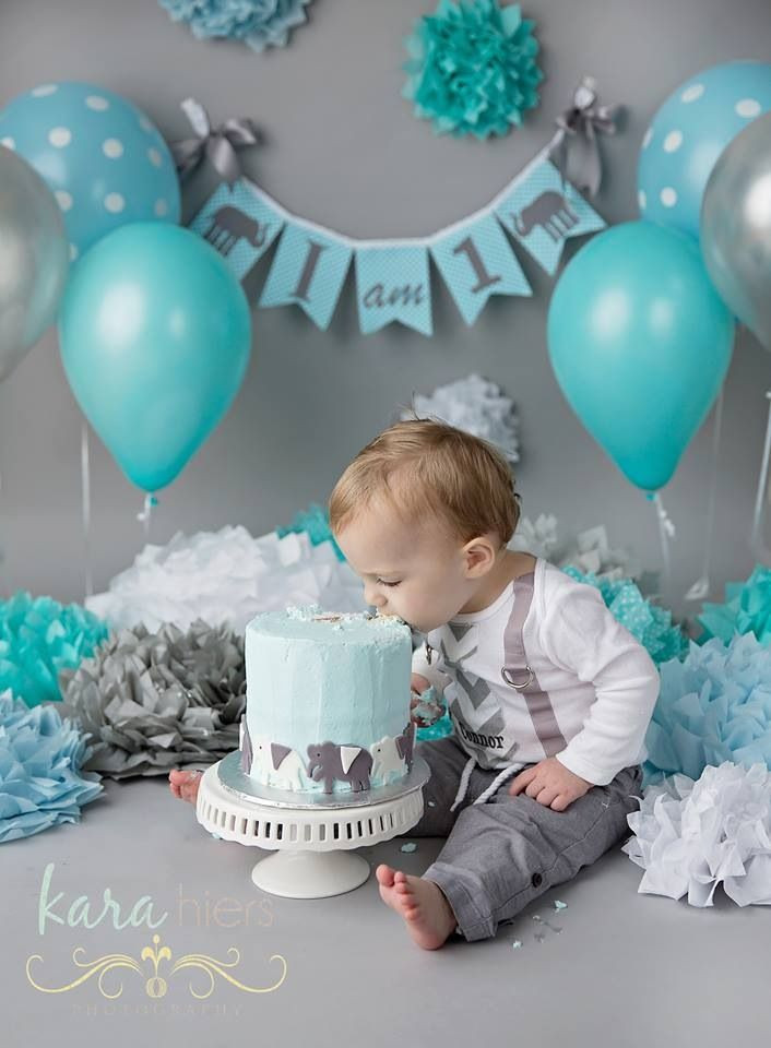 Baby Boy First Birthday Party Decorations
 turquoise aqua and gray cake smash