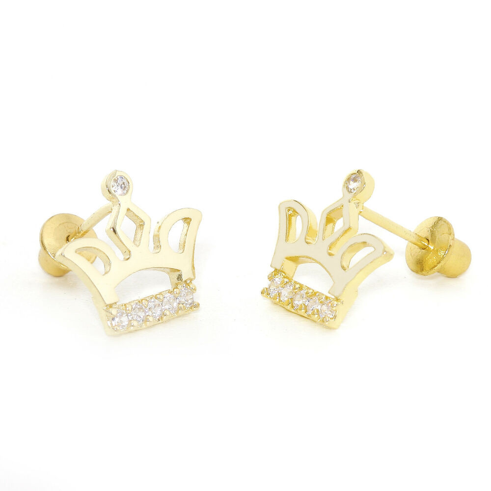 Baby Earrings Gold
 14k Gold Plated Crown Children Screwback Baby Girls