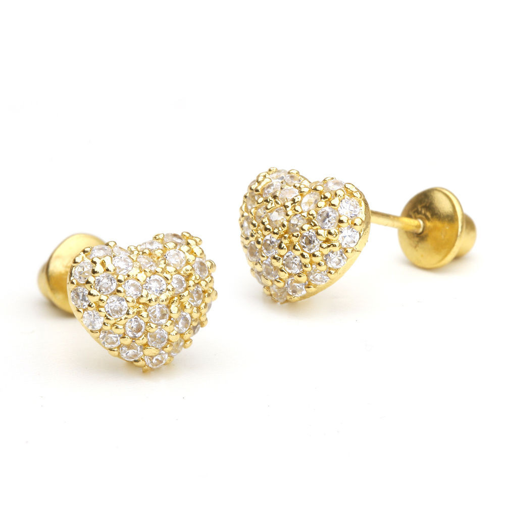 Baby Earrings Gold
 14k Gold Plated Domed Heart Pave Children Screwback Baby