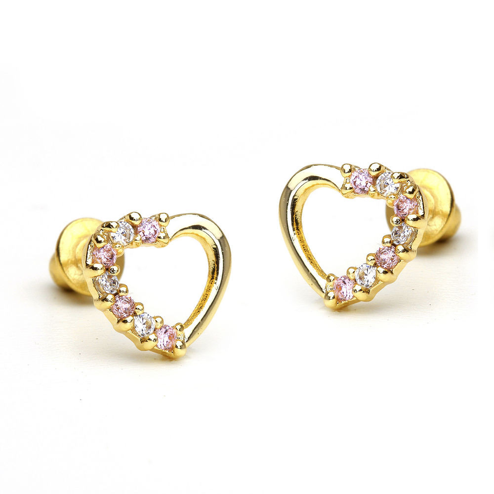 Baby Earrings Gold
 14k Gold Plated Pink Open Heart Children Screwback Baby