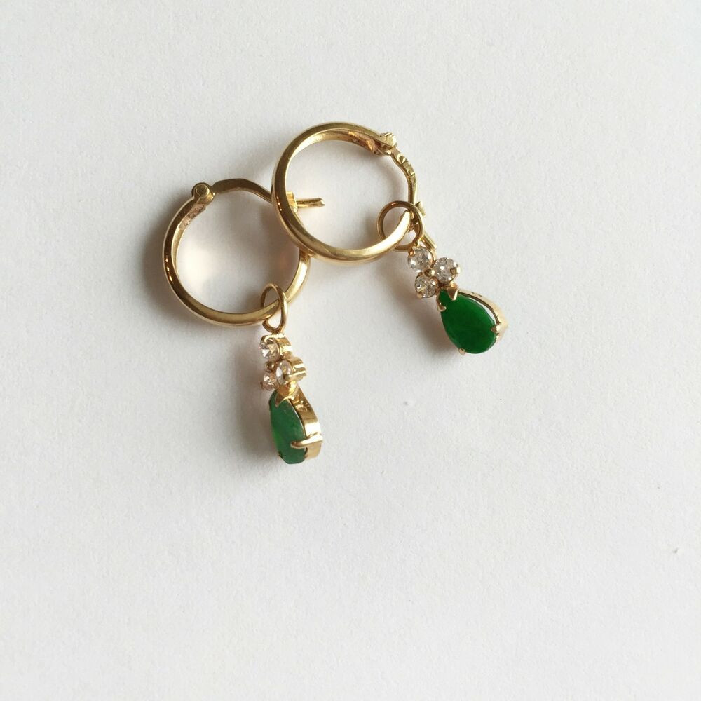 Baby Earrings Gold
 14K Yellow Gold drop jade earrings for baby girls kids