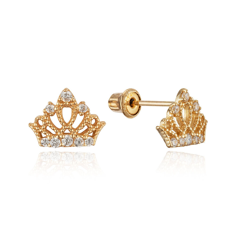 Baby Earrings Gold
 14k Yellow Gold Princess Crown Stud Children Screwback