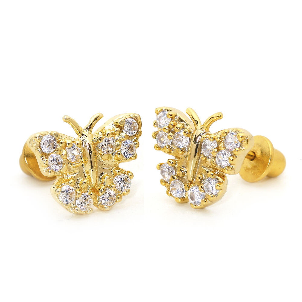 Baby Earrings Gold
 14k Gold Plated Pave Butterfly Children Screw Back Baby