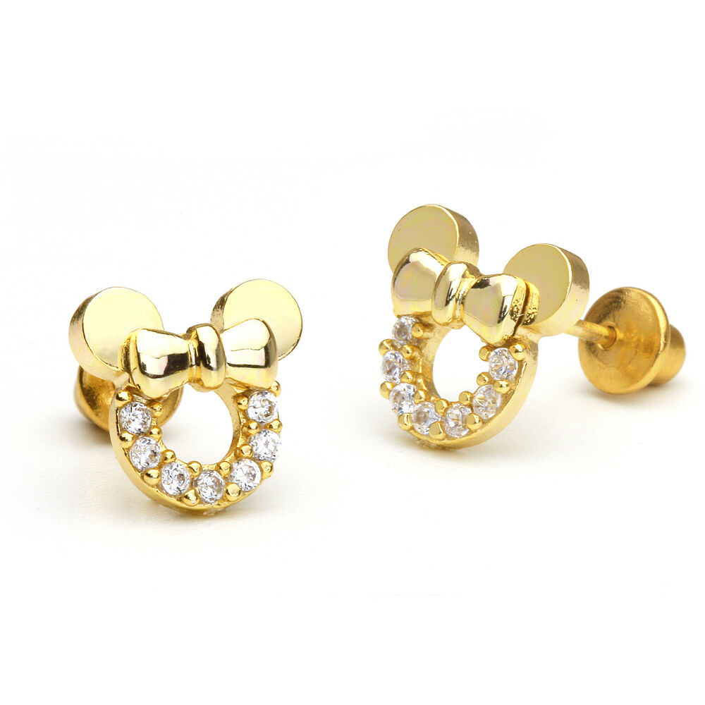 Baby Earrings Gold
 14k Gold Plated Mouse Children Screwback Baby Girls