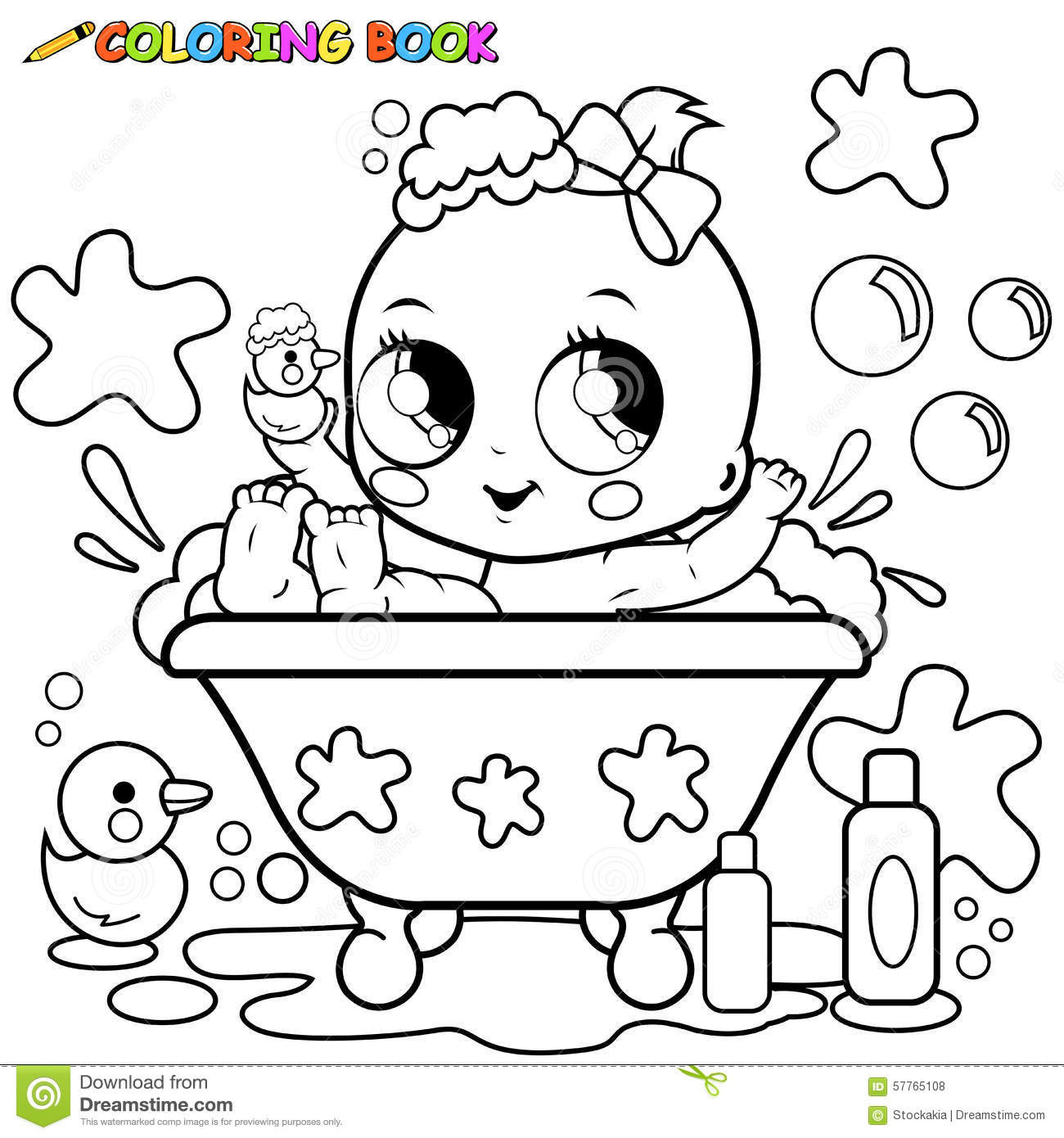 Baby Girl Coloring Page
 Baby Girl Taking A Bath Coloring Page Stock Vector