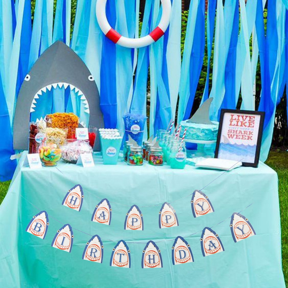 Baby Pool Party Ideas
 Shark Party Happy Birthday Banner Hanging Decorations Baby