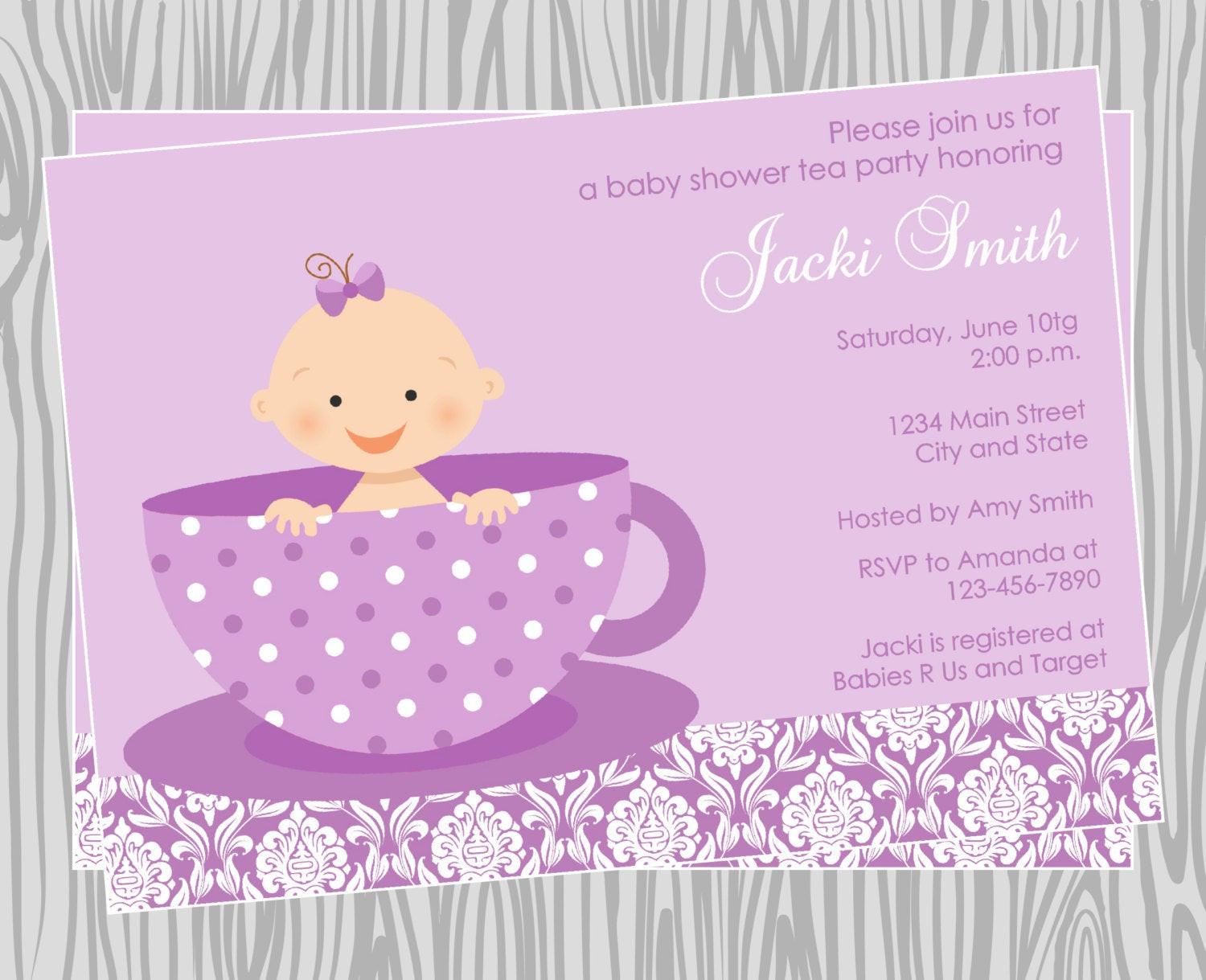 Baby Shower Invitations Tea Party
 DIY Baby Girl Tea Party Baby Shower Invitation in purple