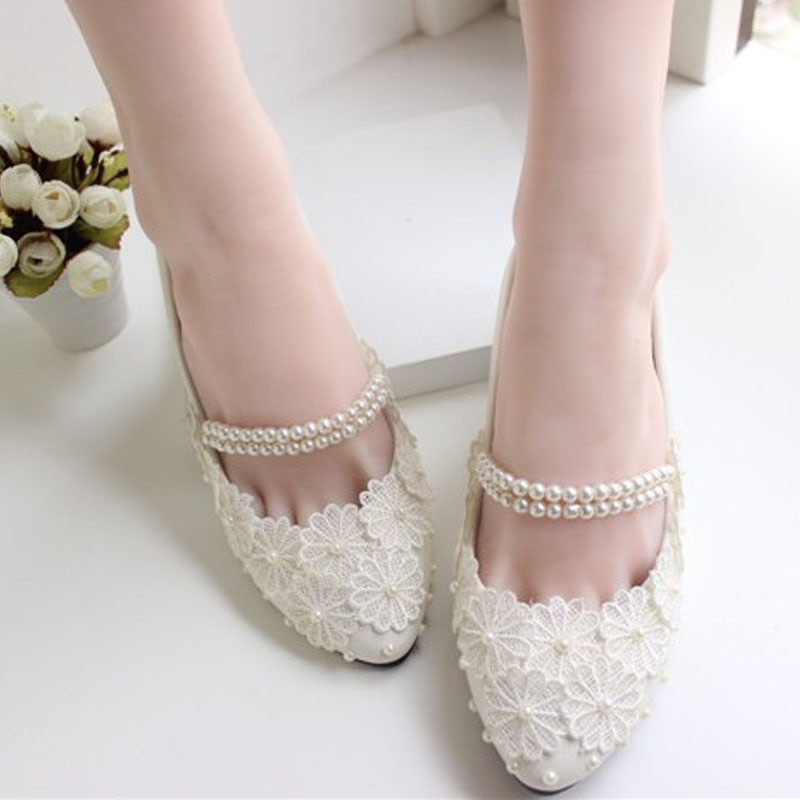 Ballet Flat Wedding Shoes
 Flat heel white silk floral wedding shoes bridal beading