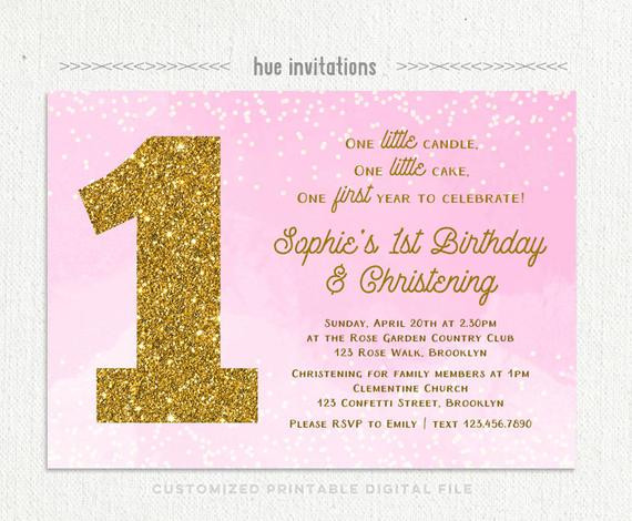 Baptism And Birthday Invitations
 1st birthday christening invitation for baby girl pink