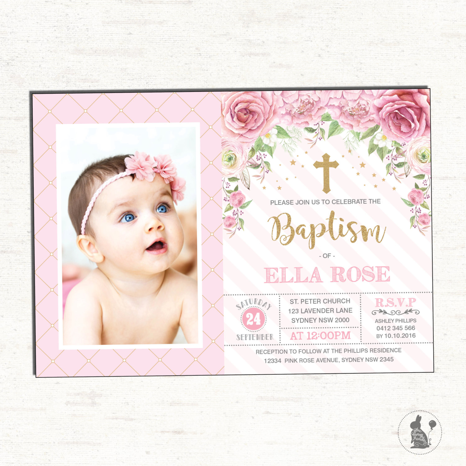 Baptism And Birthday Invitations
 Girl Baptism Invitation Pink Gold Christening Printable