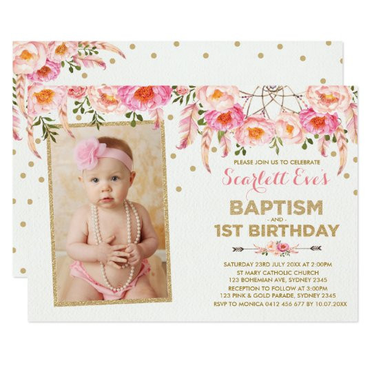 Baptism And Birthday Invitations
 Pink Gold Dreamcatcher Baptism 1st Birthday Party