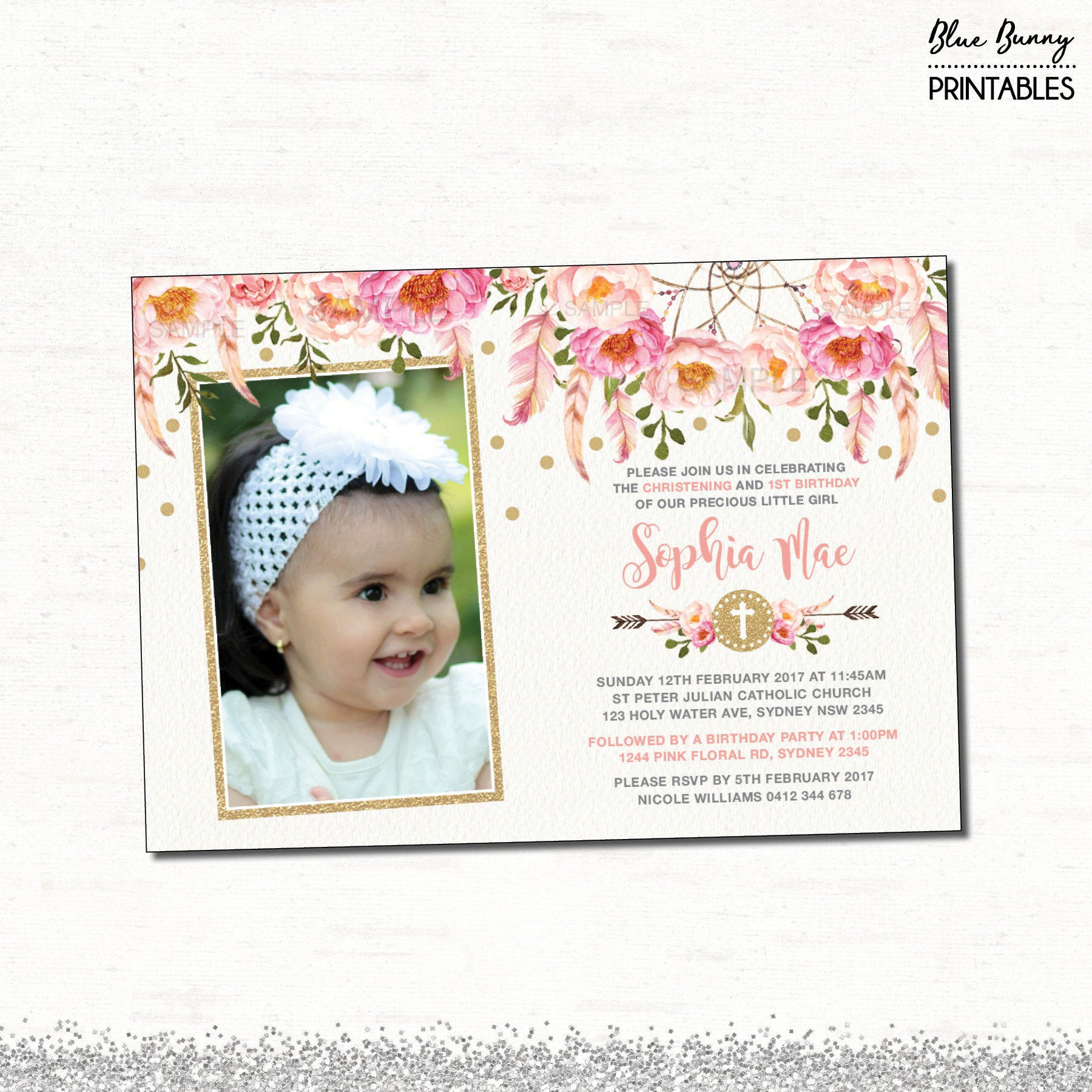 Baptism And Birthday Invitations
 Floral First Birthday & Baptism Invitation Pink and Gold