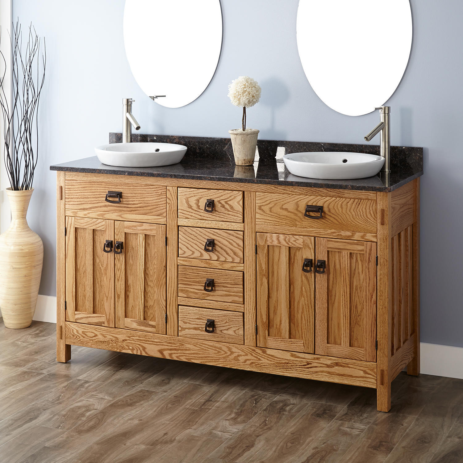 Bathroom Double Vanity Cabinets
 60" Mission Hardwood Vanity for Semi Recessed Sink