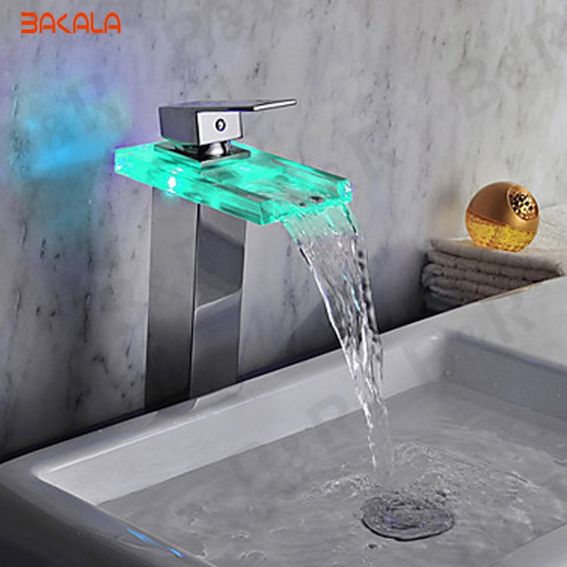 Bathroom Faucet With Led Light
 Glass sink faucet led color change waterfall tap chrome