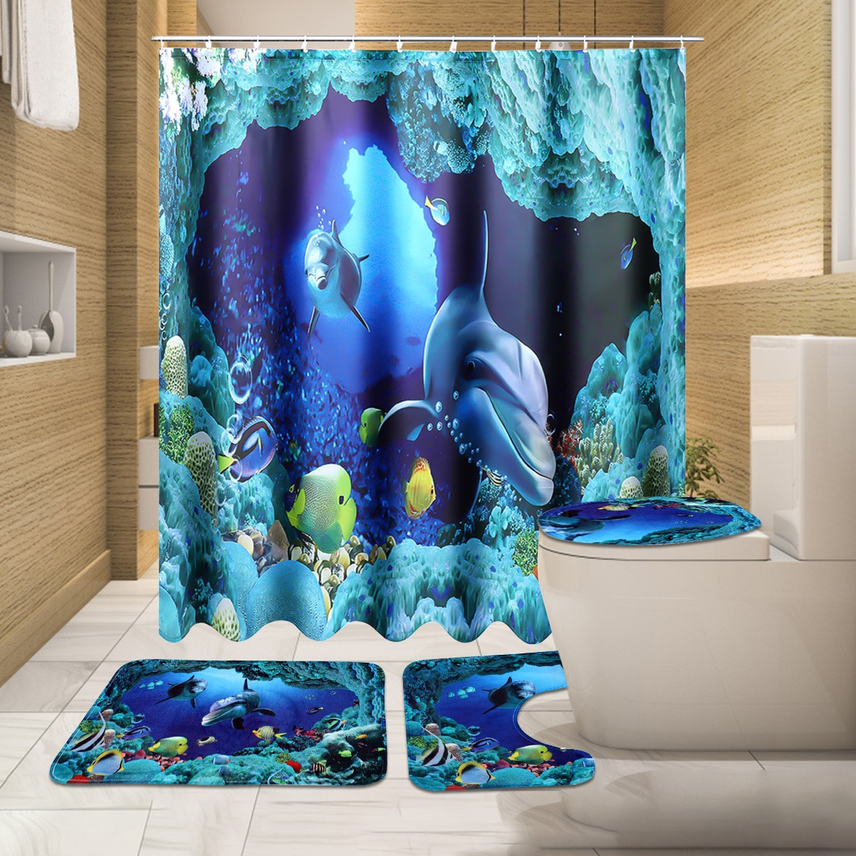 Bathroom Sets With Shower Curtain
 Blue Ocean Dolphin Bathroom Shower Curtain Waterproof Bath