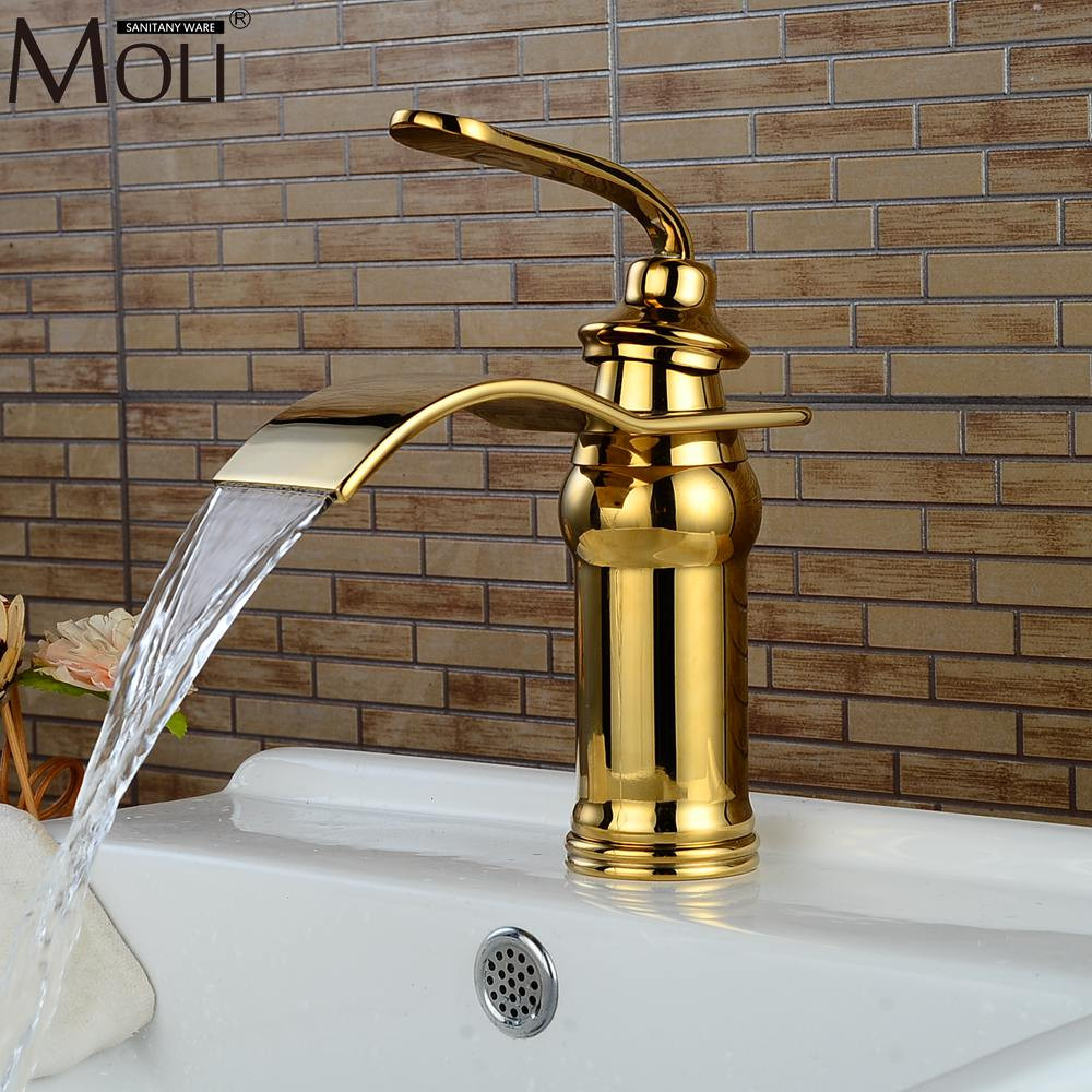 Bathroom Sinks And Faucets
 Luxury Waterfall Gold Bathroom Sink Faucet Hot and Cold