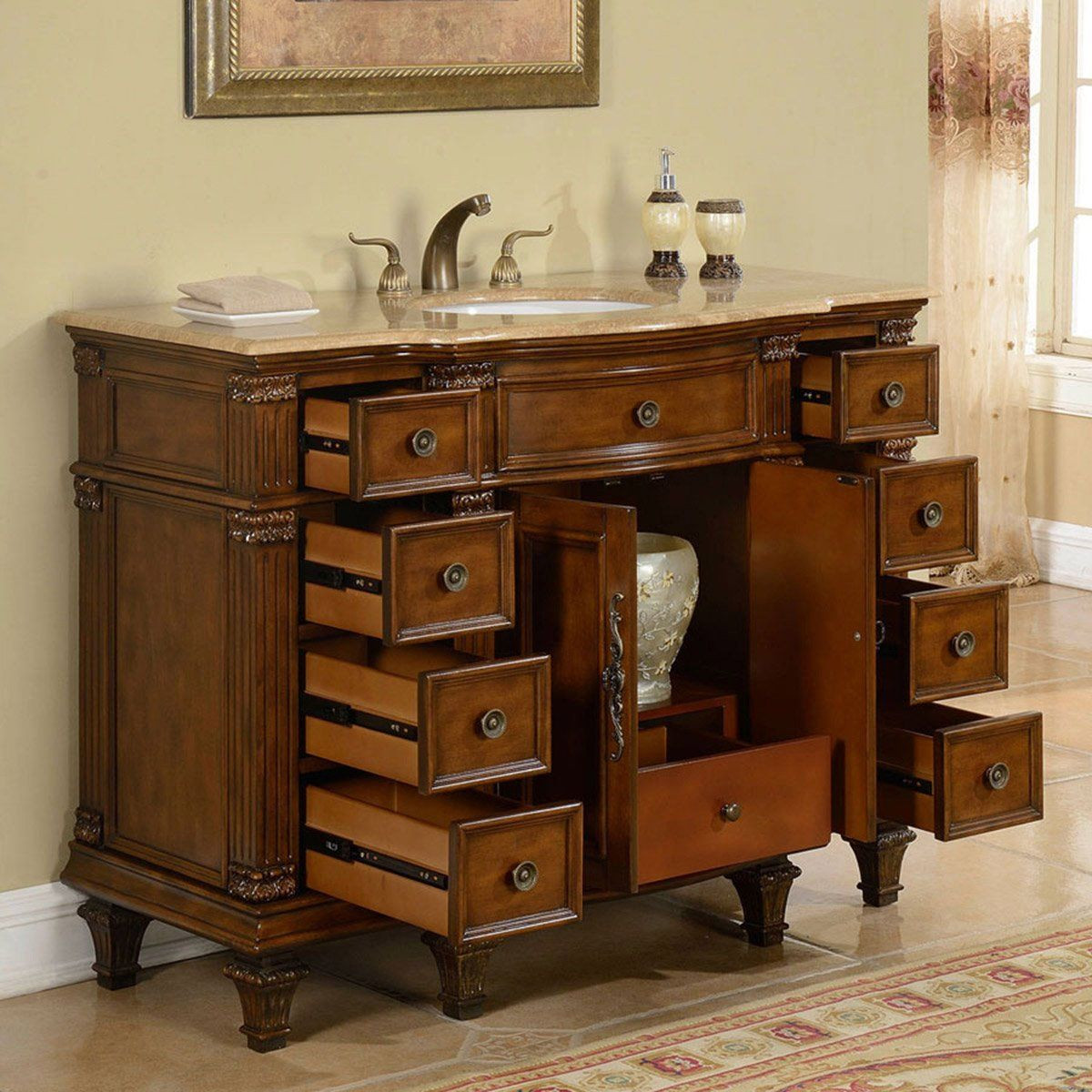 Bathroom Vanity Cabinets With Tops
 48" Transitional Single Bathroom Vanity Cherry with