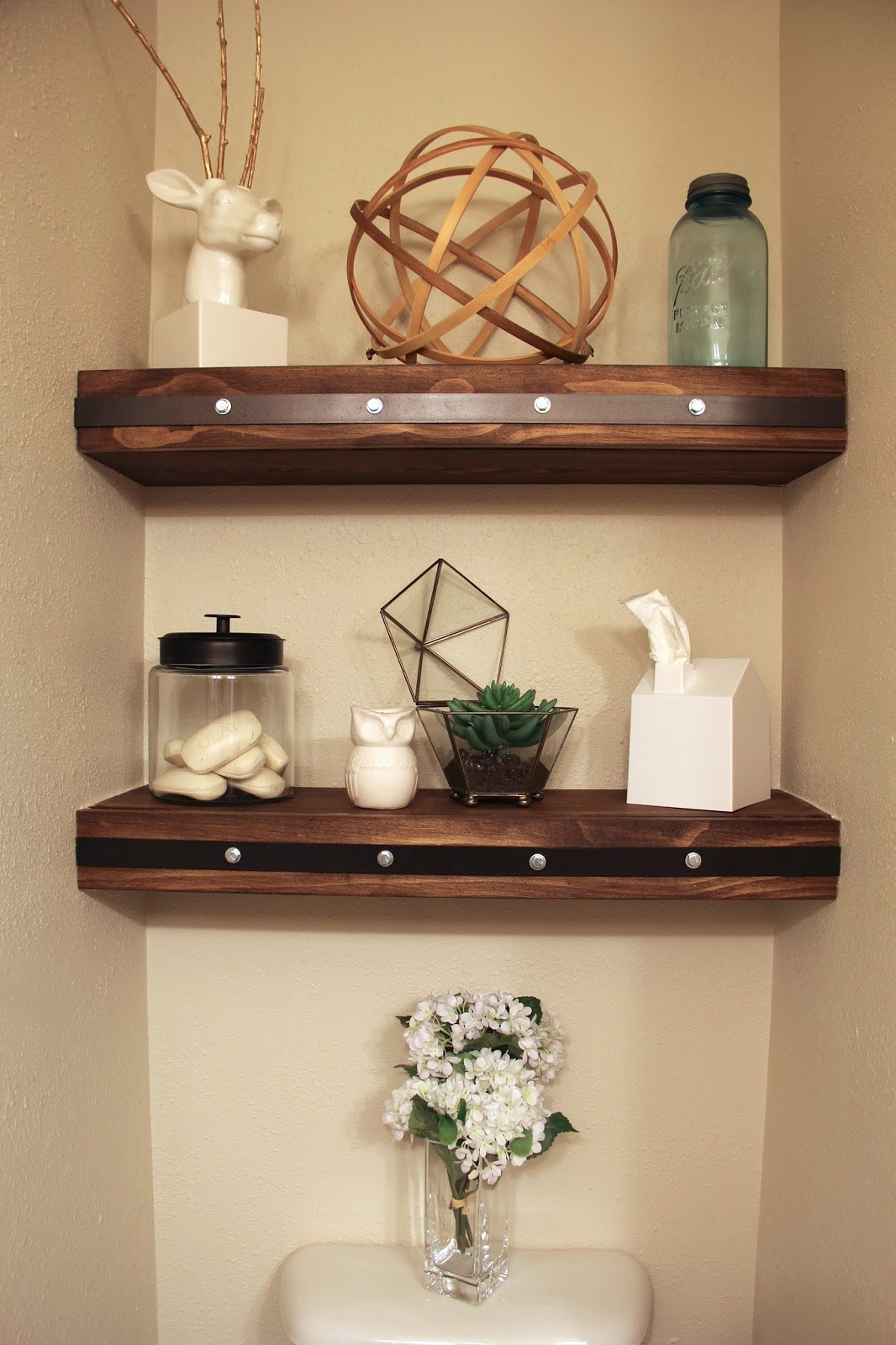 Bathroom Wall Shelves Over Toilet
 DIY Floating Shelves with Faux Rivets