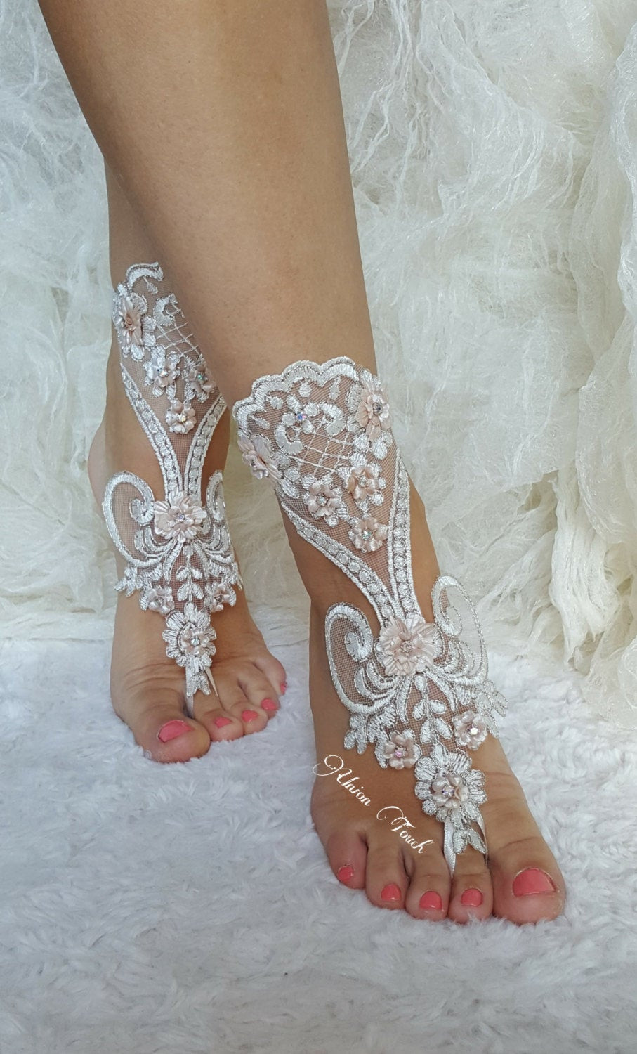 Beach Wedding Sandals
 Ivory Silver Lace Barefoot Beach wedding barefoot sandals